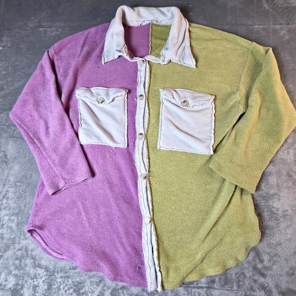 Bucket List 2tone terrycloth‎ purple and lime button up collared shirt womens Lg